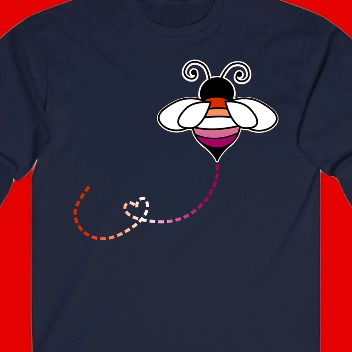 Illustrated rainbow pride bee with spiral antennae, white wings, and colorful striped body with dotted flight path