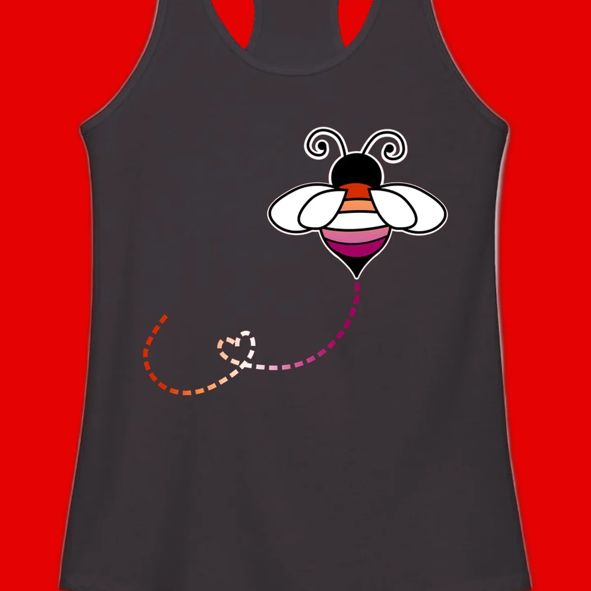 Illustrated rainbow pride bee with spiral antennae, white wings, and colorful striped body with dotted flight path