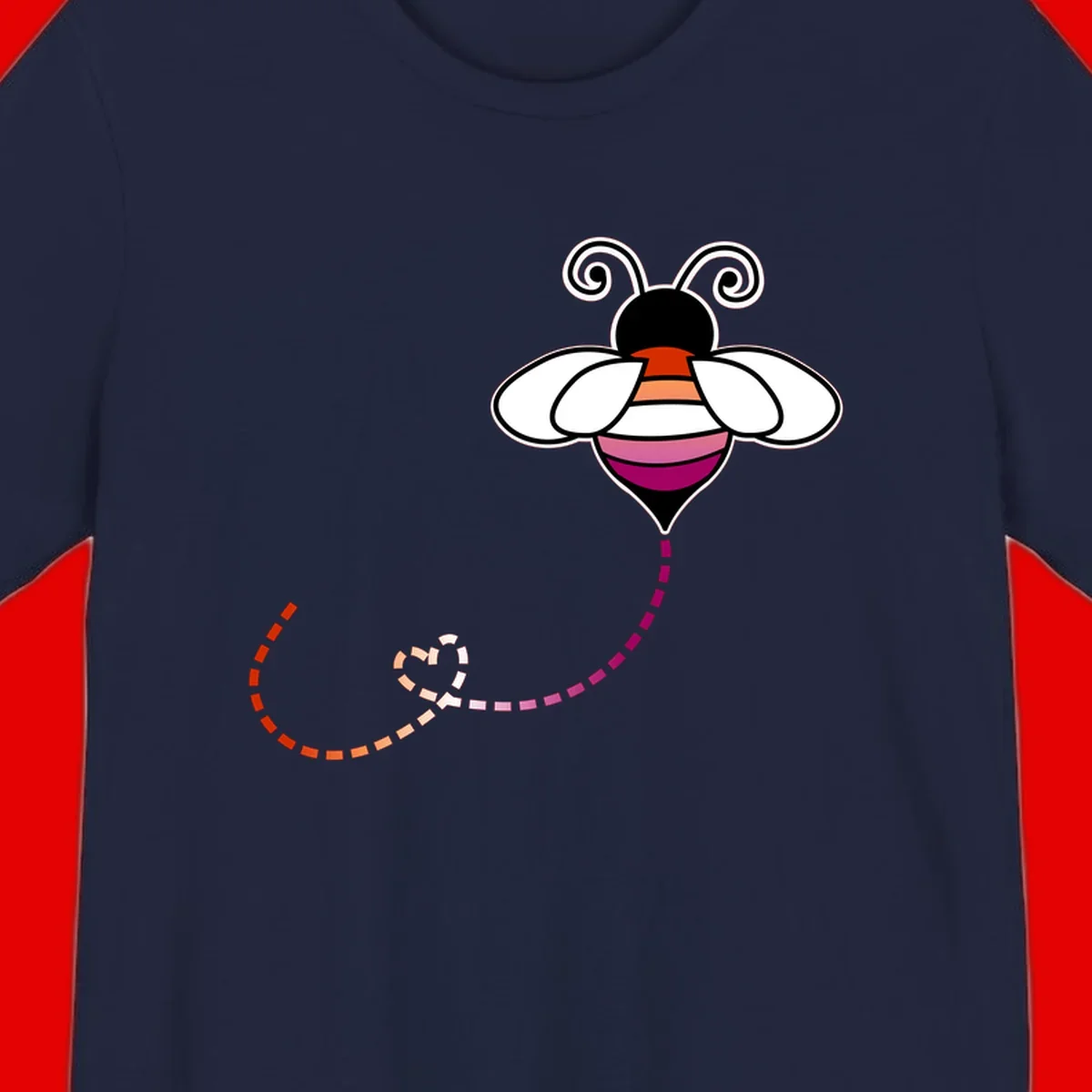 Illustrated rainbow pride bee with spiral antennae, white wings, and colorful striped body with dotted flight path