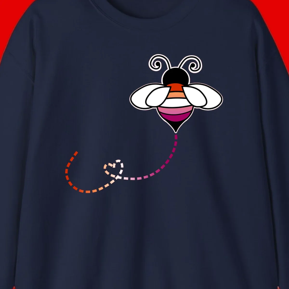 Illustrated rainbow pride bee with spiral antennae, white wings, and colorful striped body with dotted flight path