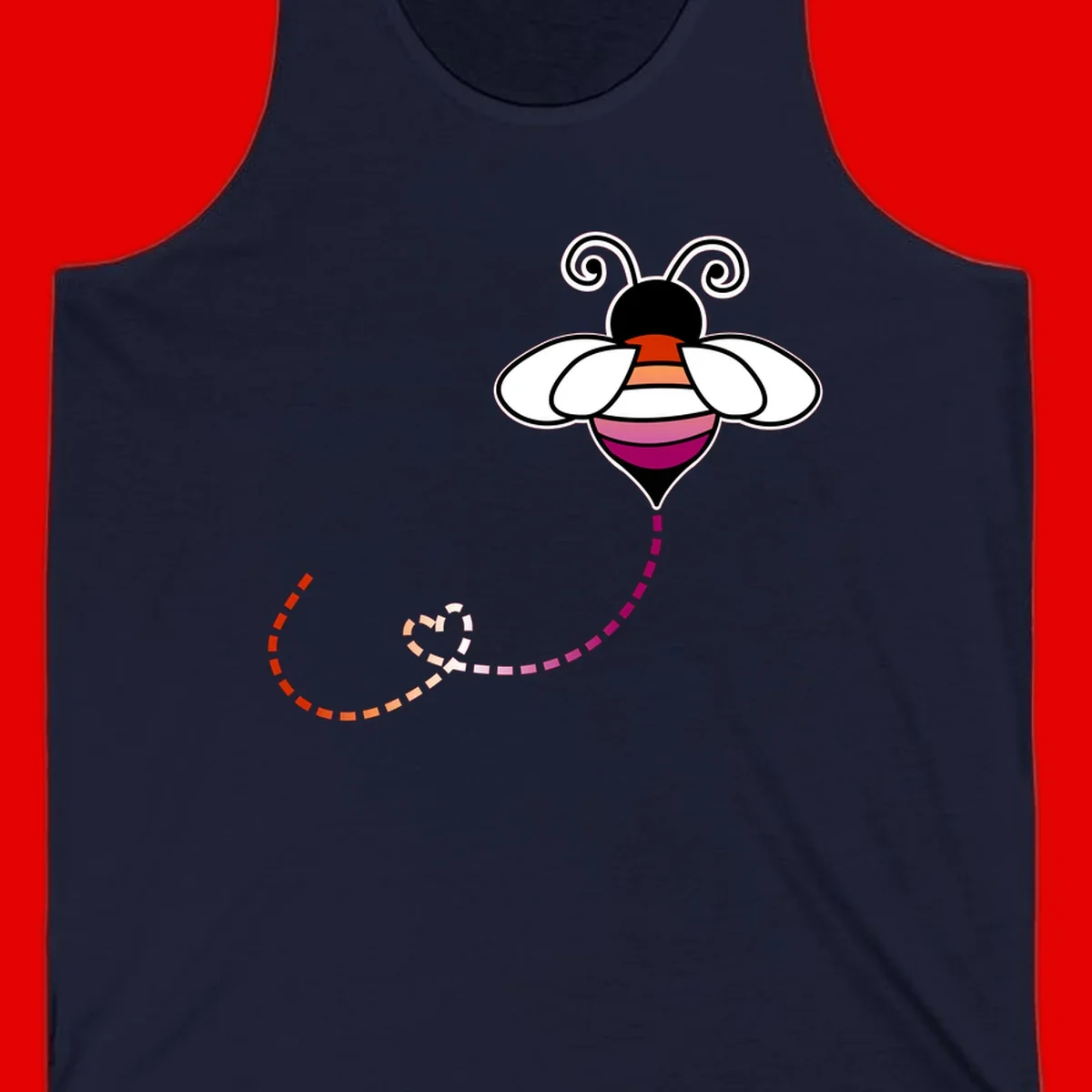 Illustrated rainbow pride bee with spiral antennae, white wings, and colorful striped body with dotted flight path