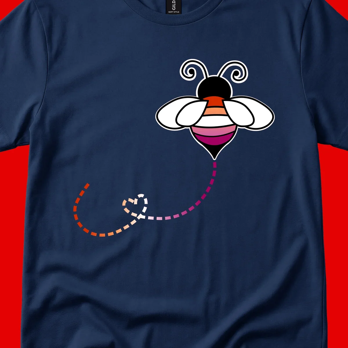 Illustrated rainbow pride bee with spiral antennae, white wings, and colorful striped body with dotted flight path