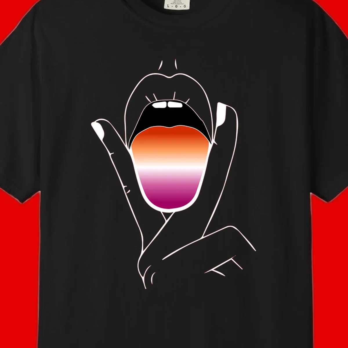 Minimalist line art of an open mouth with pride flag gradient colors, framed by hands with expressive details