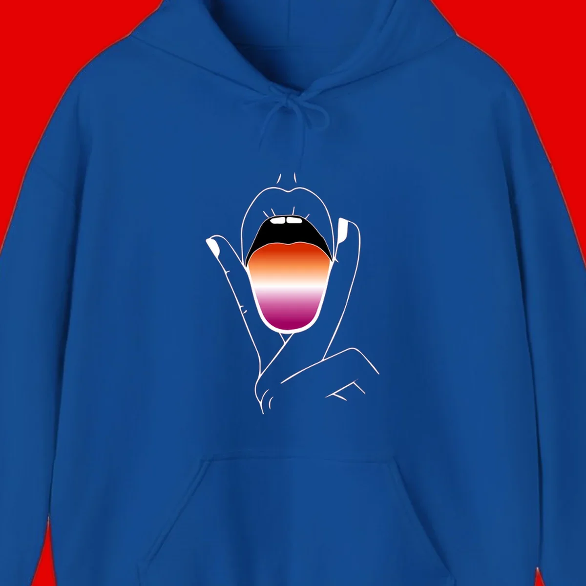 Minimalist line art of an open mouth with pride flag gradient colors, framed by hands with expressive details