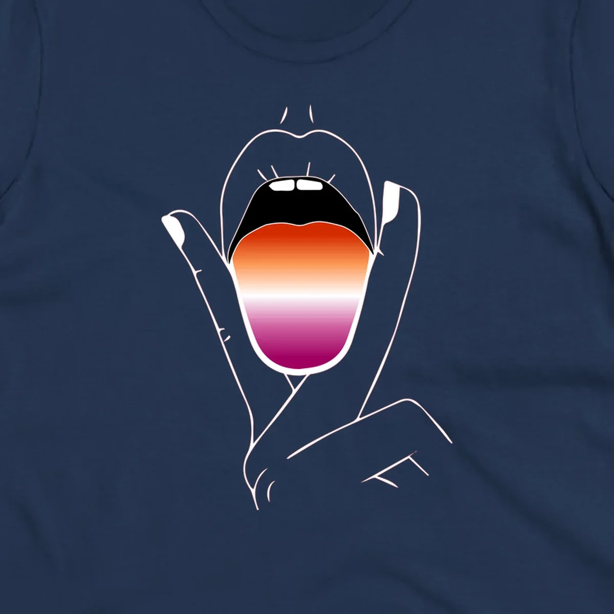 Minimalist line art of an open mouth with pride flag gradient colors, framed by hands with expressive details
