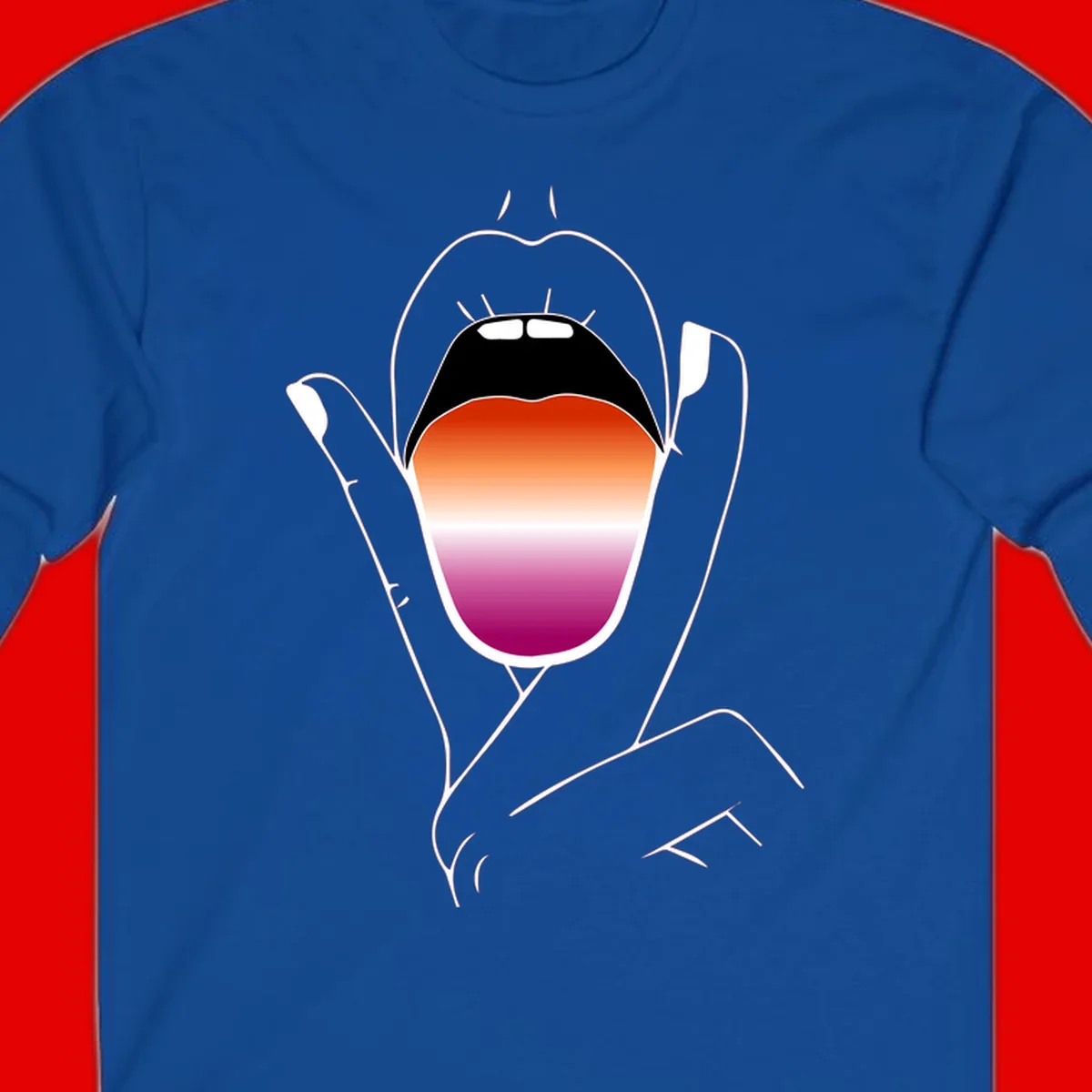 Minimalist line art of an open mouth with pride flag gradient colors, framed by hands with expressive details