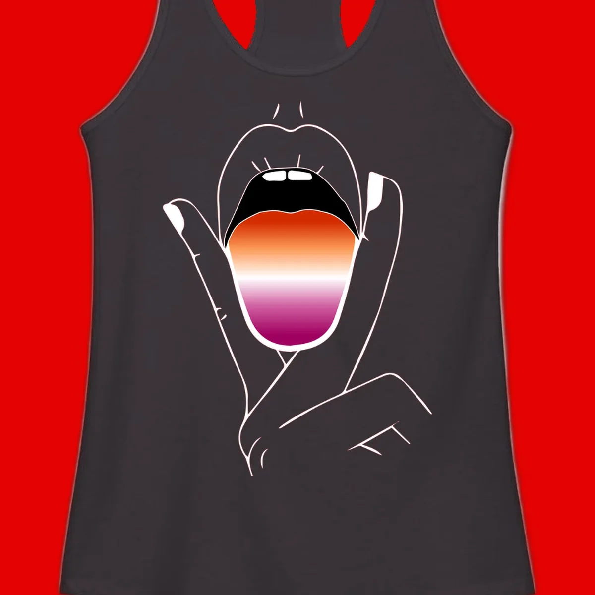 Minimalist line art of an open mouth with pride flag gradient colors, framed by hands with expressive details