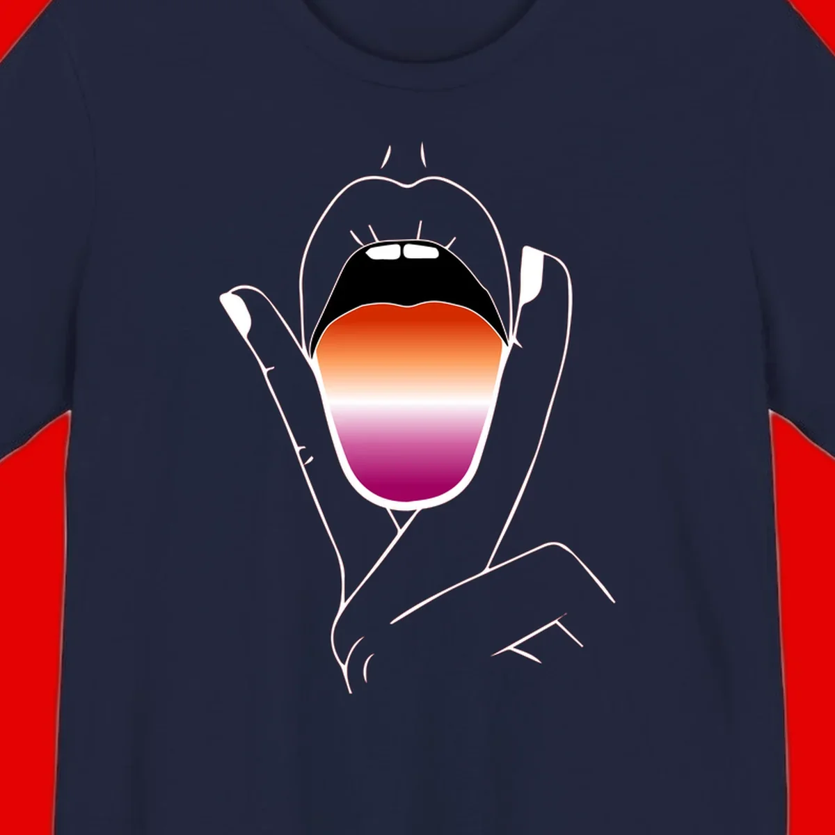 Minimalist line art of an open mouth with pride flag gradient colors, framed by hands with expressive details