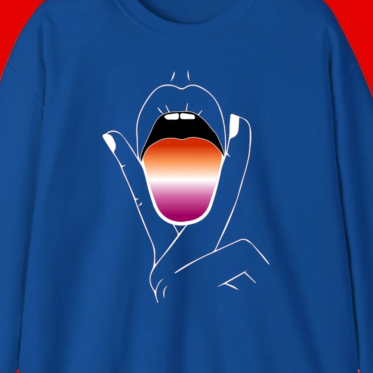 Minimalist line art of an open mouth with pride flag gradient colors, framed by hands with expressive details