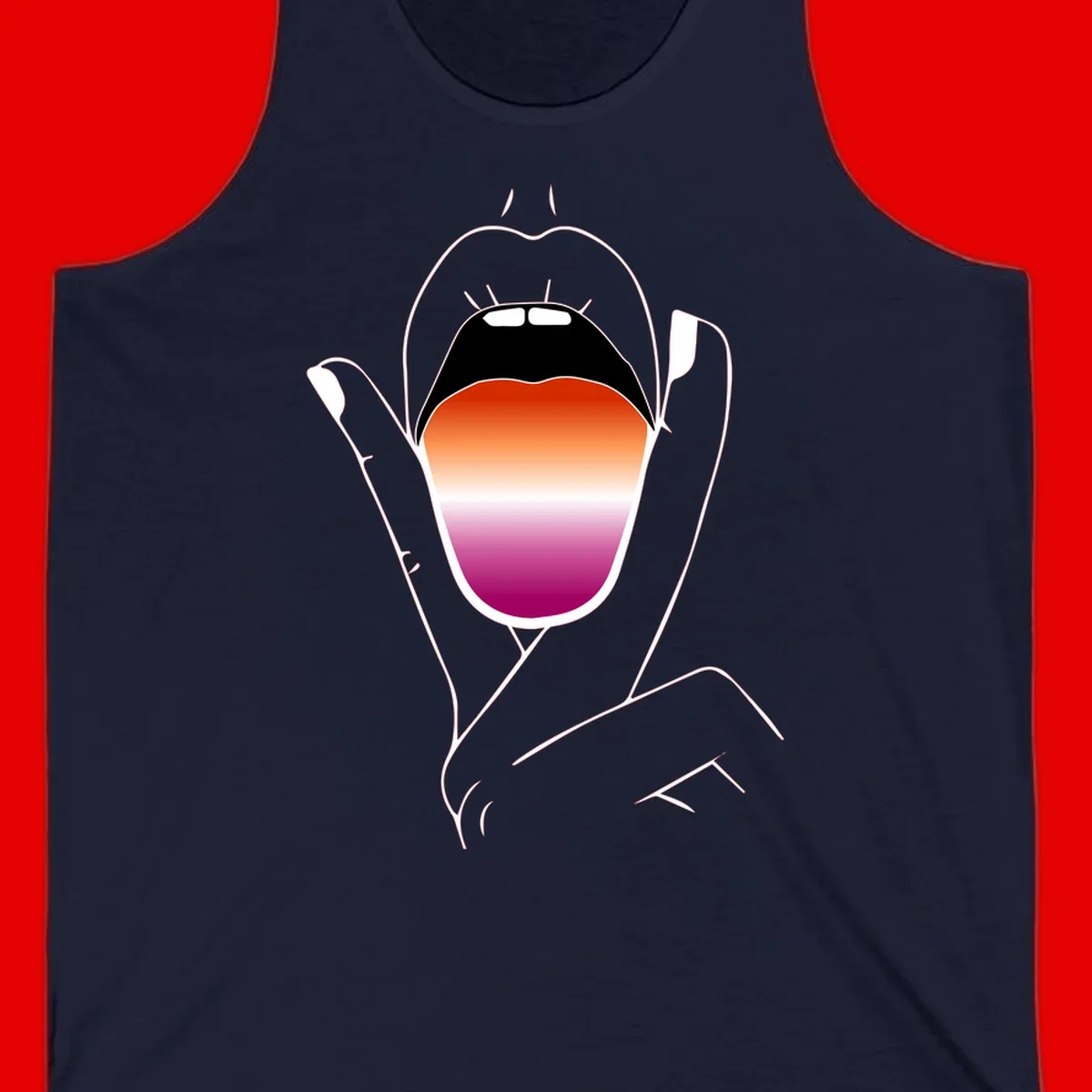 Minimalist line art of an open mouth with pride flag gradient colors, framed by hands with expressive details