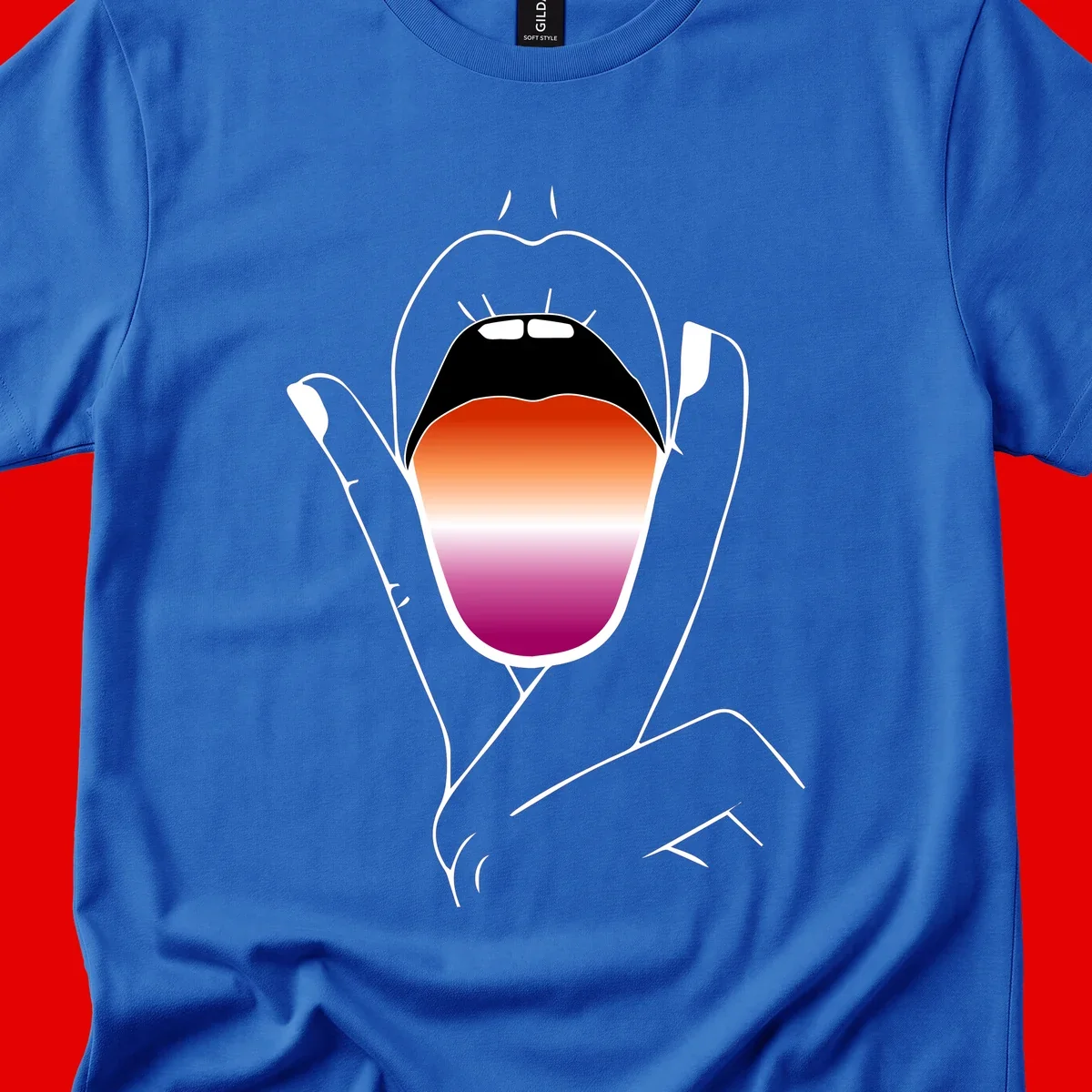Minimalist line art of an open mouth with pride flag gradient colors, framed by hands with expressive details