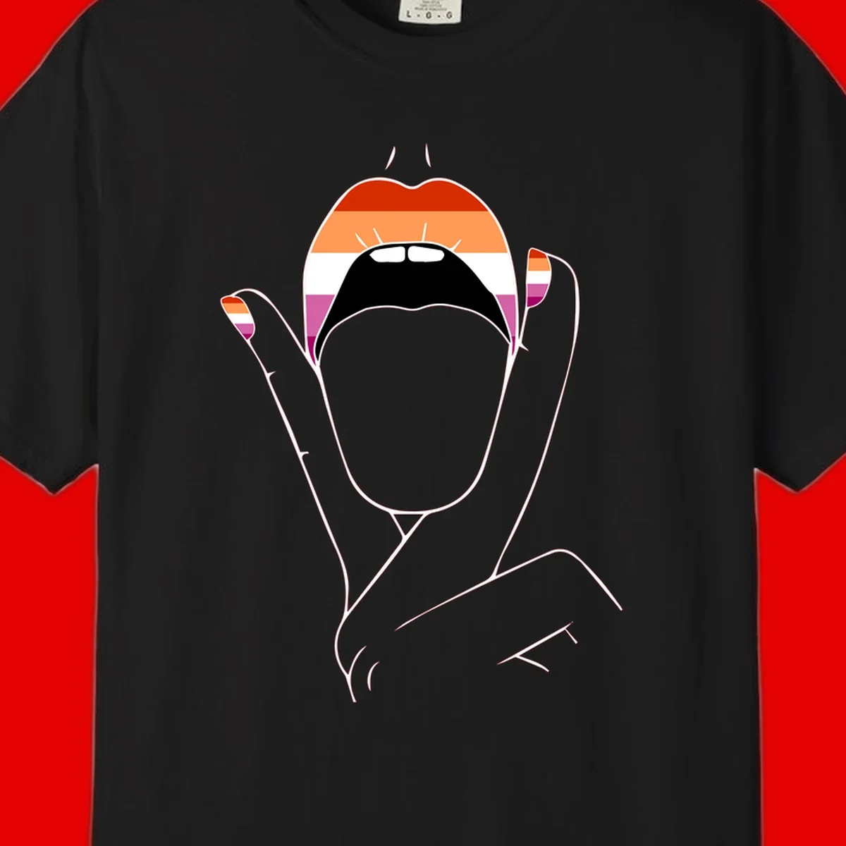 Illustration of woman's face with raised hands in lesbian pride flag colors - red, orange, white, pink, magenta stripes