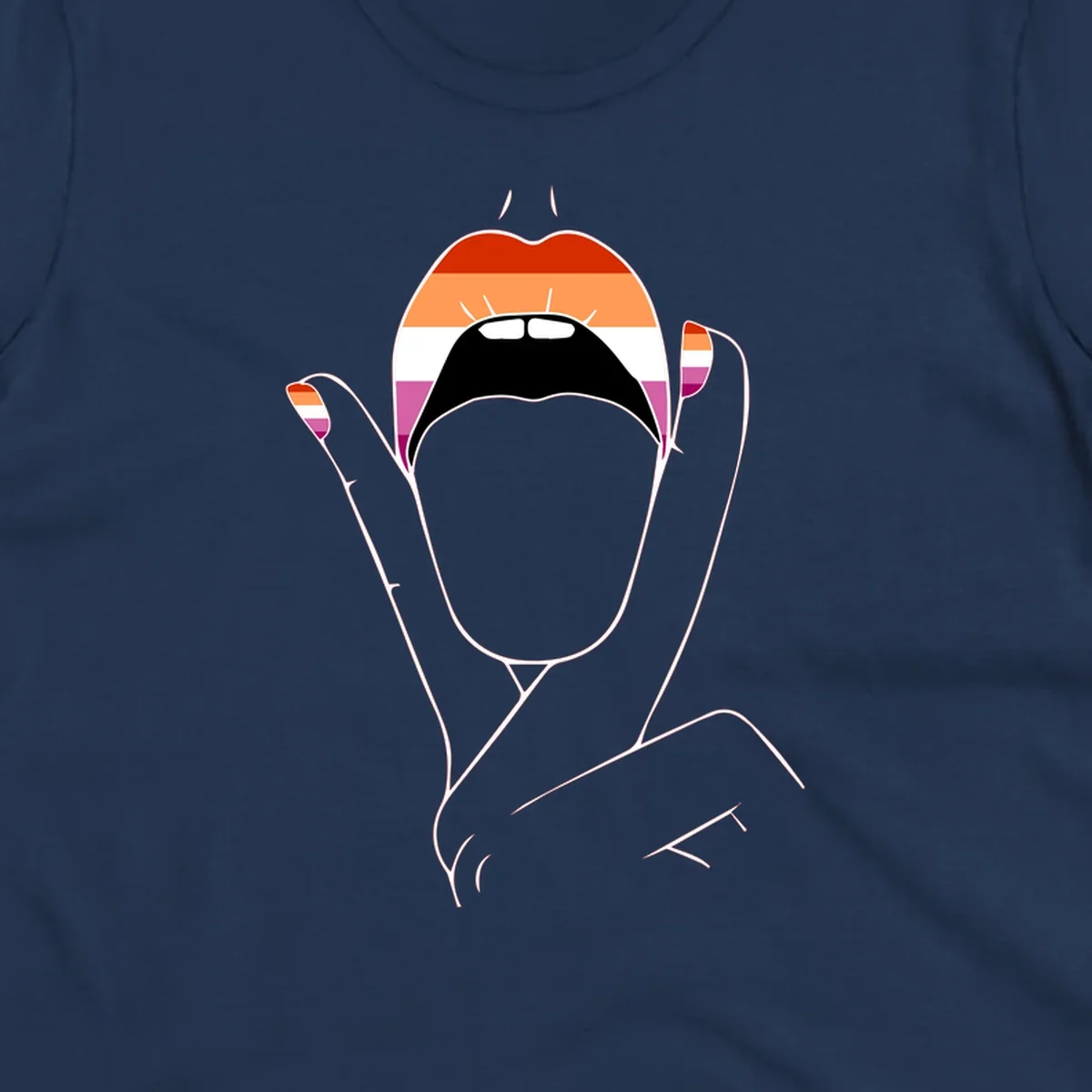 Illustration of woman's face with raised hands in lesbian pride flag colors - red, orange, white, pink, magenta stripes