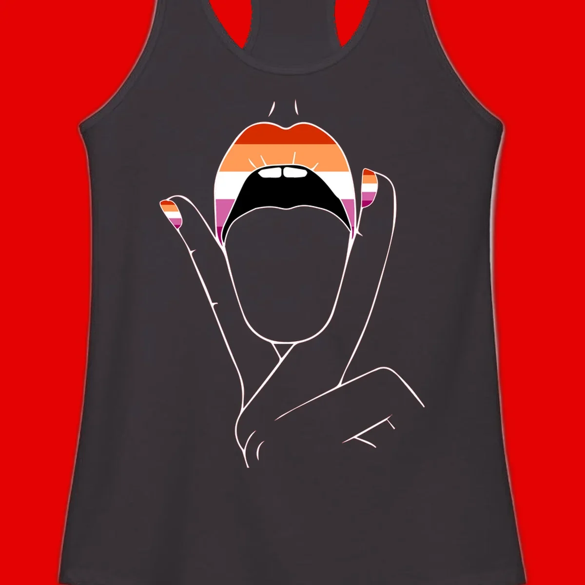 Illustration of woman's face with raised hands in lesbian pride flag colors - red, orange, white, pink, magenta stripes