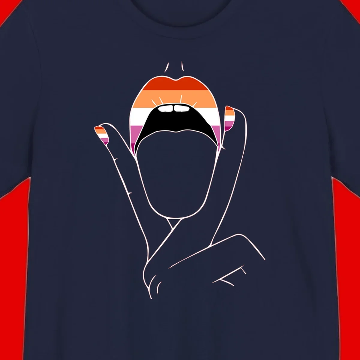 Illustration of woman's face with raised hands in lesbian pride flag colors - red, orange, white, pink, magenta stripes