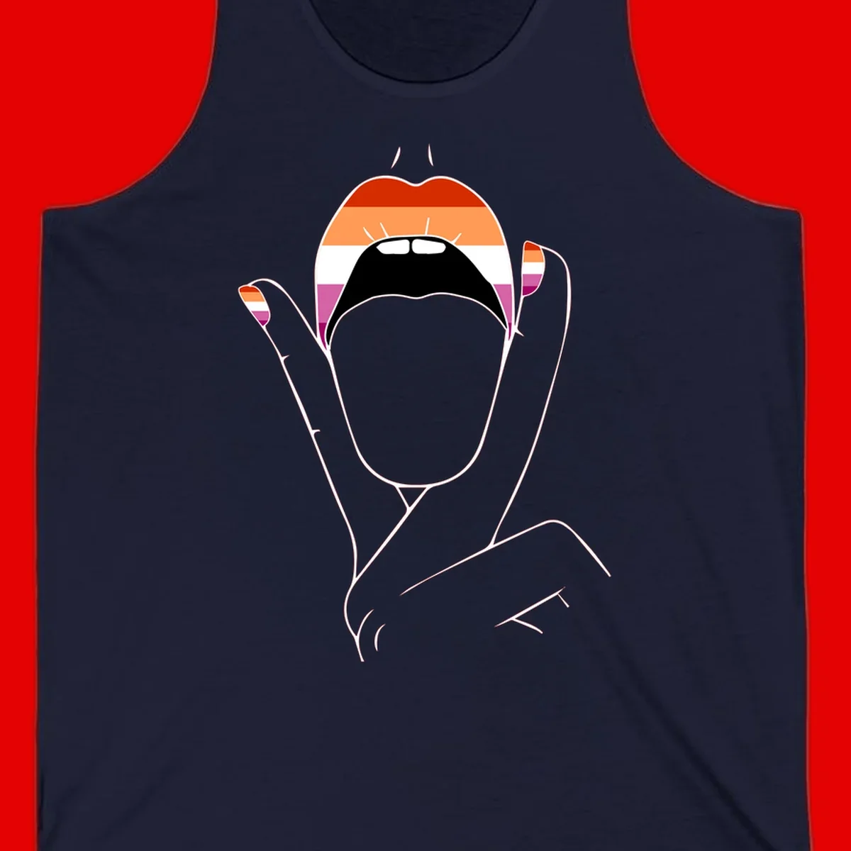 Illustration of woman's face with raised hands in lesbian pride flag colors - red, orange, white, pink, magenta stripes