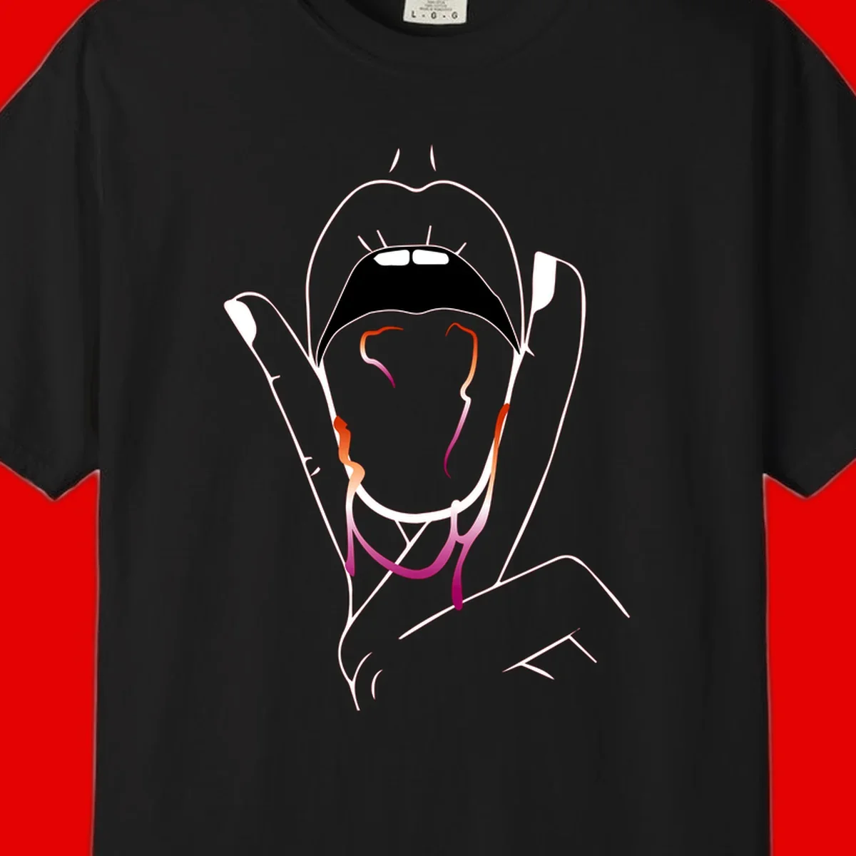 Minimalist line art illustration of an open mouth with colorful gradient tongue in pride colors on gray background