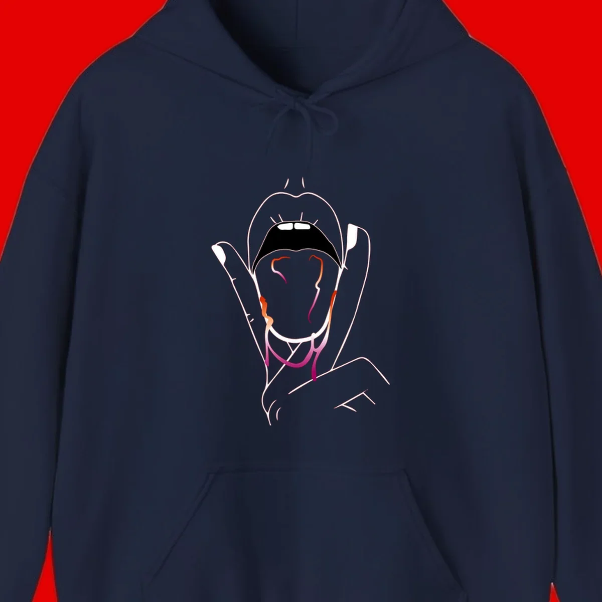 Minimalist line art illustration of an open mouth with colorful gradient tongue in pride colors on gray background