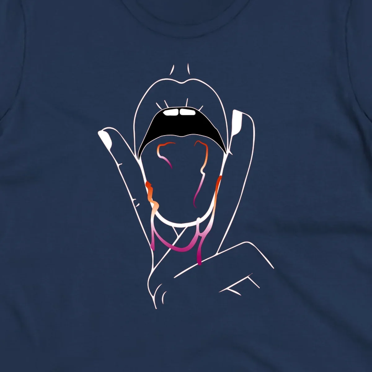 Minimalist line art illustration of an open mouth with colorful gradient tongue in pride colors on gray background