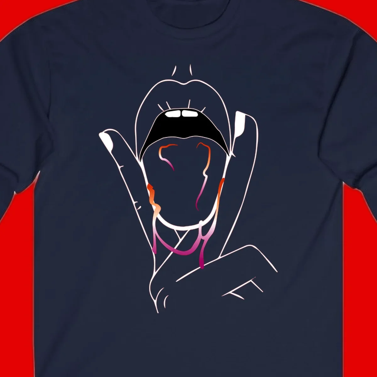 Minimalist line art illustration of an open mouth with colorful gradient tongue in pride colors on gray background