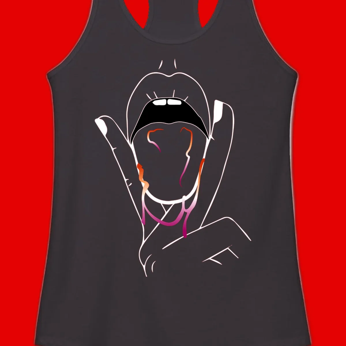 Minimalist line art illustration of an open mouth with colorful gradient tongue in pride colors on gray background
