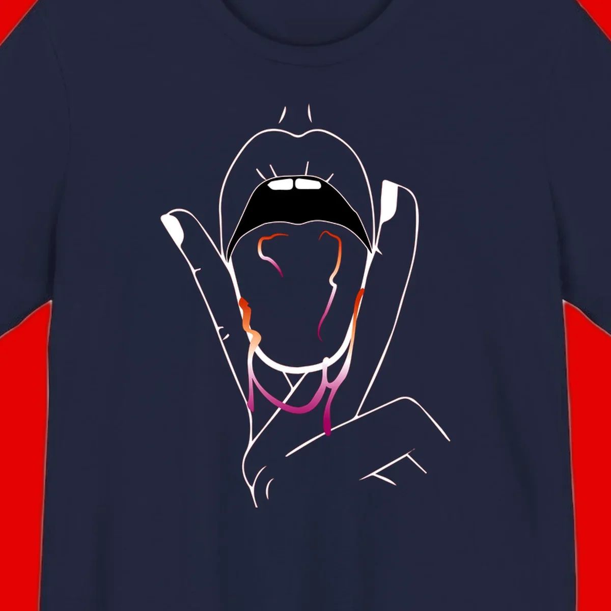 Minimalist line art illustration of an open mouth with colorful gradient tongue in pride colors on gray background