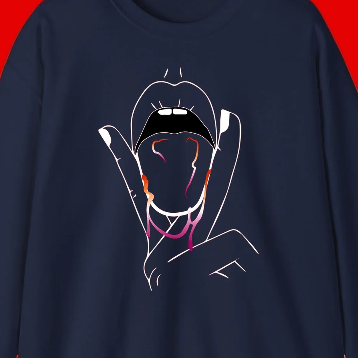 Minimalist line art illustration of an open mouth with colorful gradient tongue in pride colors on gray background