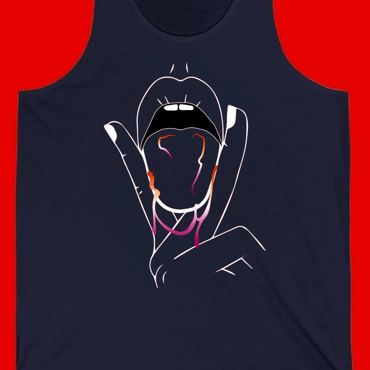 Minimalist line art illustration of an open mouth with colorful gradient tongue in pride colors on gray background