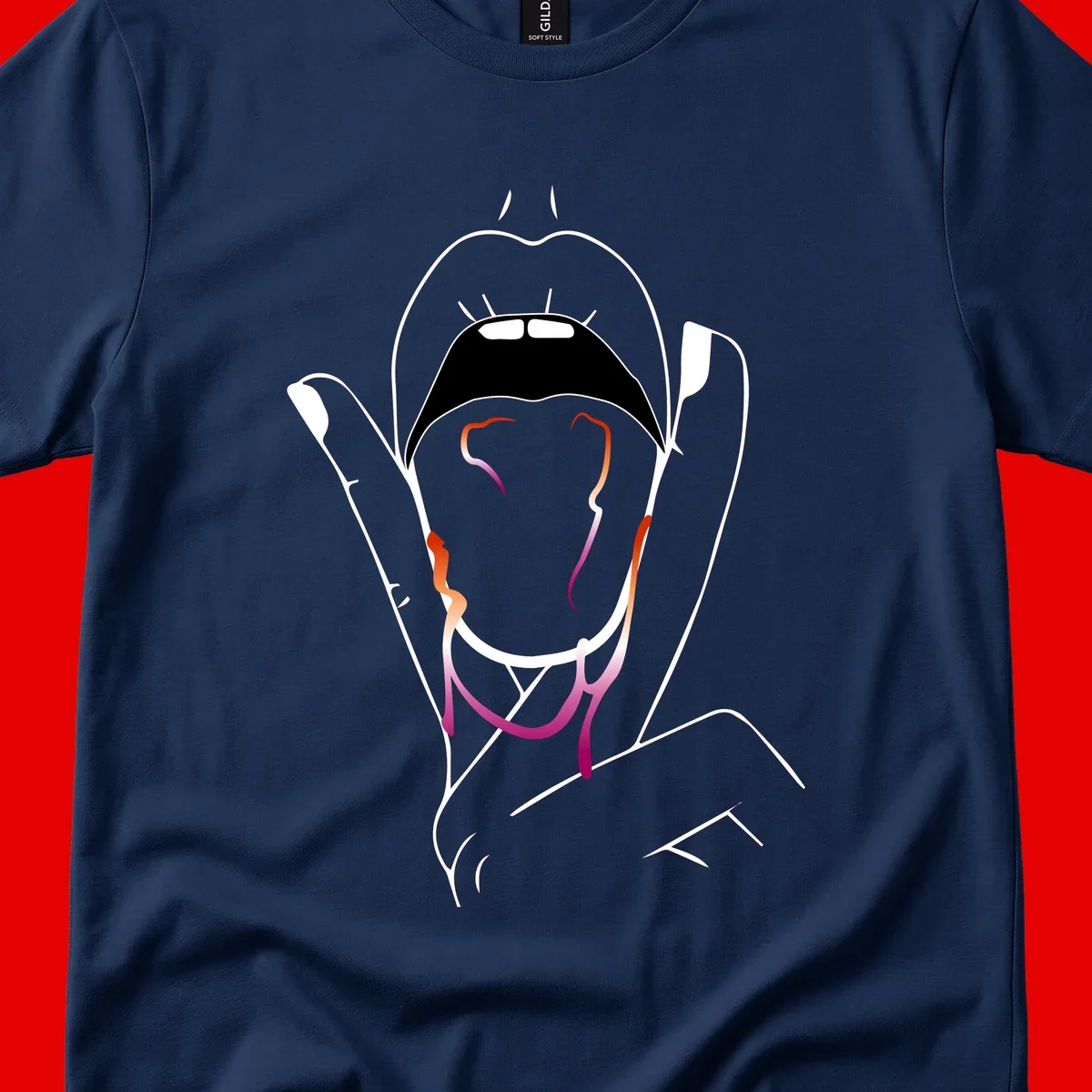 Minimalist line art illustration of an open mouth with colorful gradient tongue in pride colors on gray background