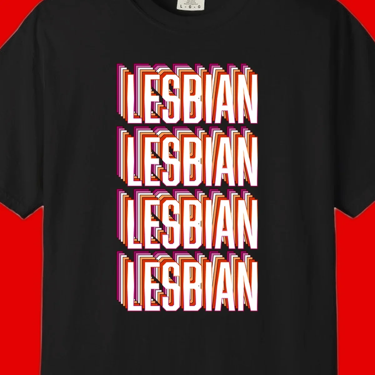 Lesbian retro 3D text design with layered purple, magenta, orange and red striped lettering creating dimensional shadow effect