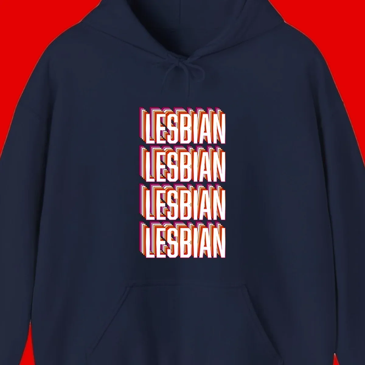 Lesbian retro 3D text design with layered purple, magenta, orange and red striped lettering creating dimensional shadow effect