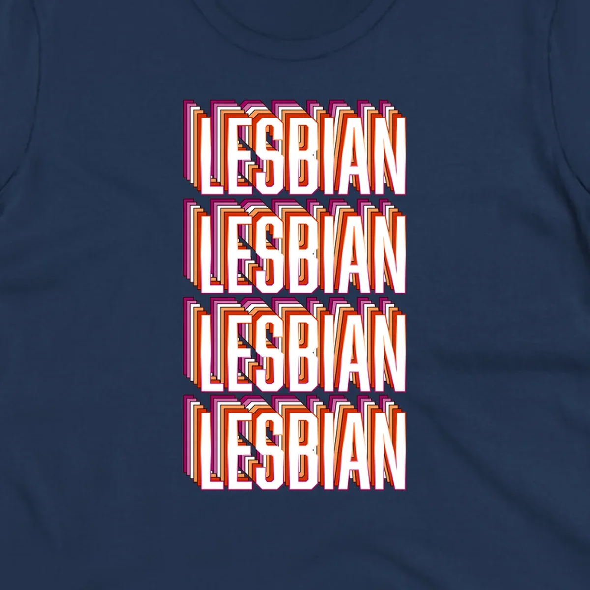Lesbian retro 3D text design with layered purple, magenta, orange and red striped lettering creating dimensional shadow effect