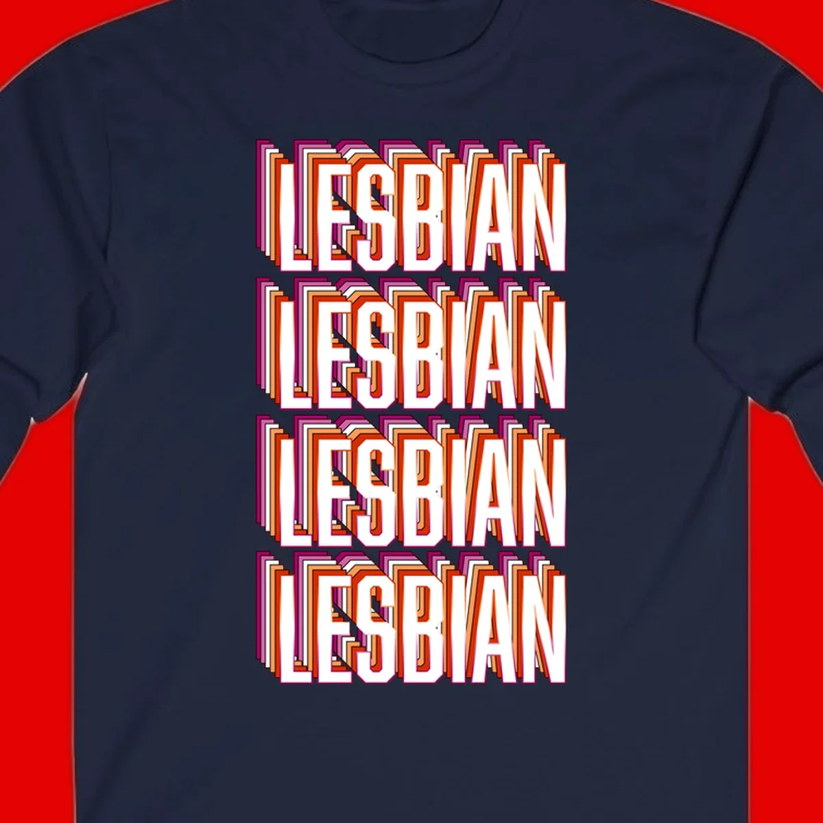 Lesbian retro 3D text design with layered purple, magenta, orange and red striped lettering creating dimensional shadow effect