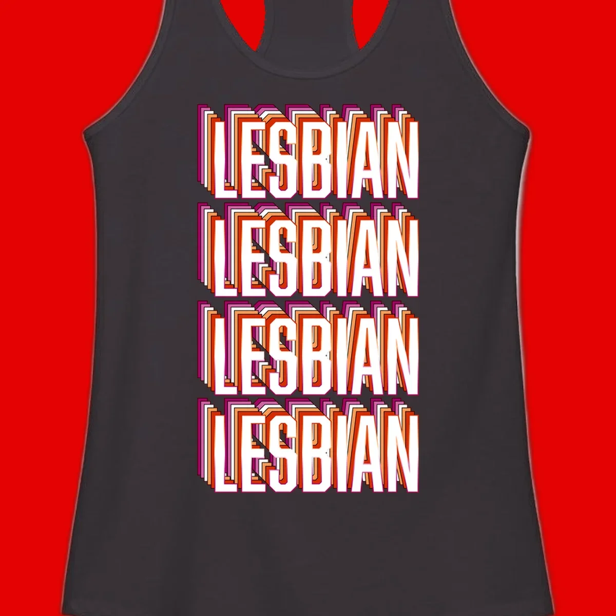 Lesbian retro 3D text design with layered purple, magenta, orange and red striped lettering creating dimensional shadow effect