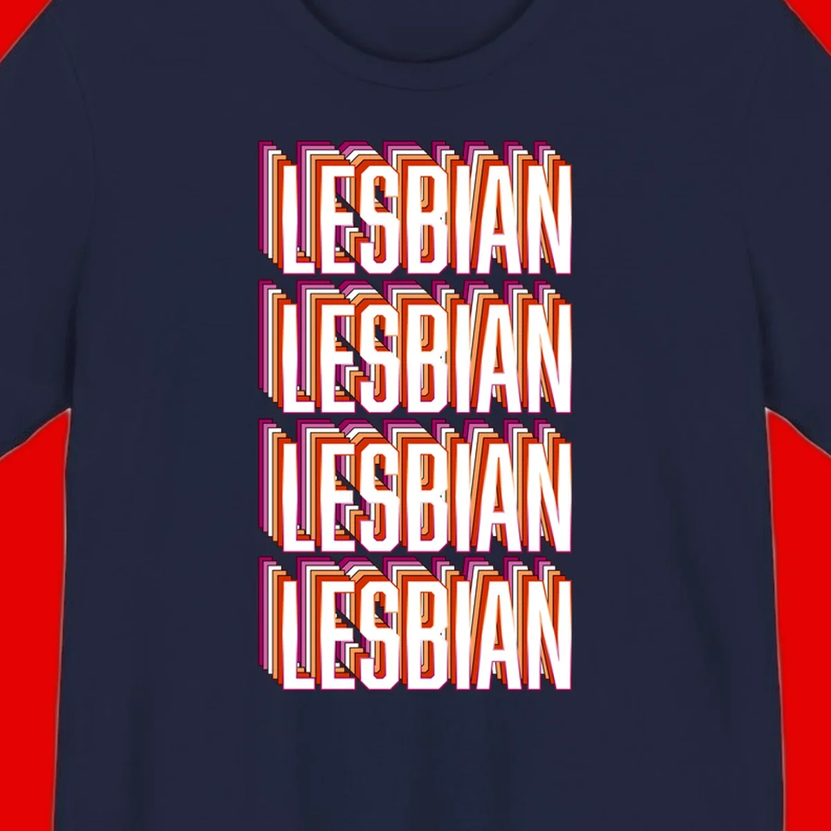 Lesbian retro 3D text design with layered purple, magenta, orange and red striped lettering creating dimensional shadow effect