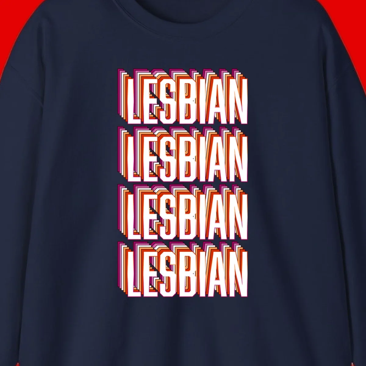 Lesbian retro 3D text design with layered purple, magenta, orange and red striped lettering creating dimensional shadow effect
