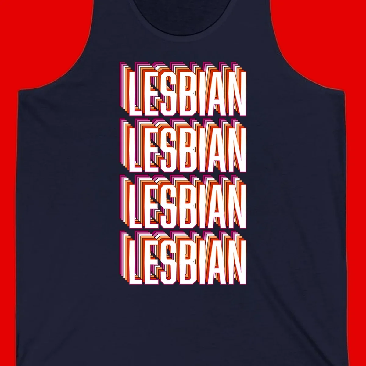 Lesbian retro 3D text design with layered purple, magenta, orange and red striped lettering creating dimensional shadow effect