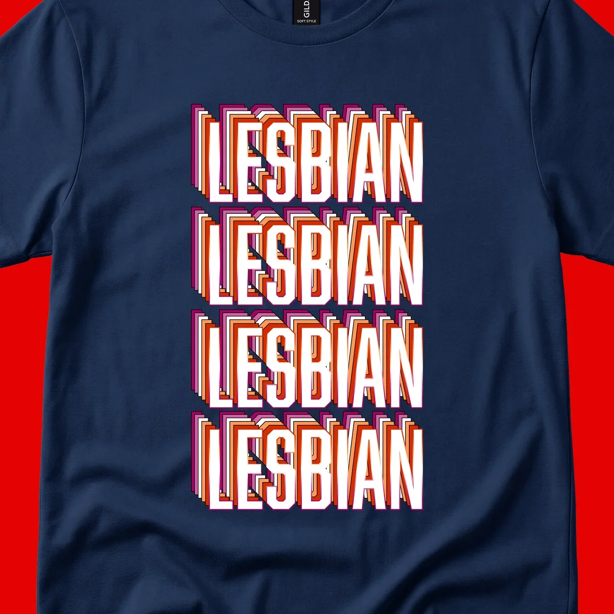 Lesbian retro 3D text design with layered purple, magenta, orange and red striped lettering creating dimensional shadow effect
