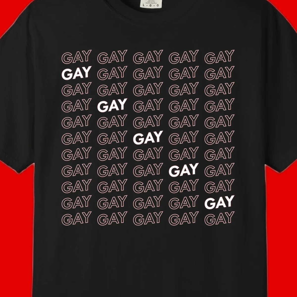 Gay pride pattern repeat design with the word GAY in outlined and solid white letters on a gray background