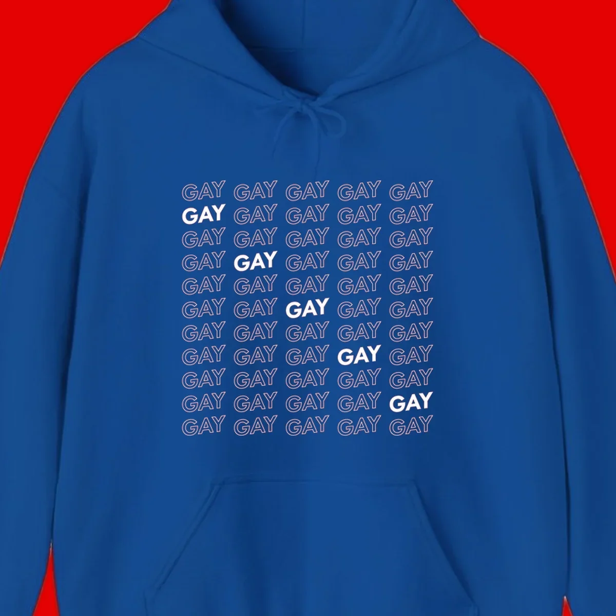 Gay pride pattern repeat design with the word GAY in outlined and solid white letters on a gray background