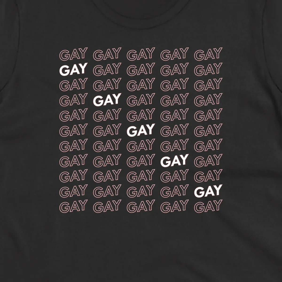 Gay pride pattern repeat design with the word GAY in outlined and solid white letters on a gray background