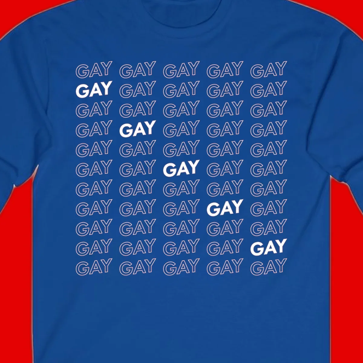 Gay pride pattern repeat design with the word GAY in outlined and solid white letters on a gray background