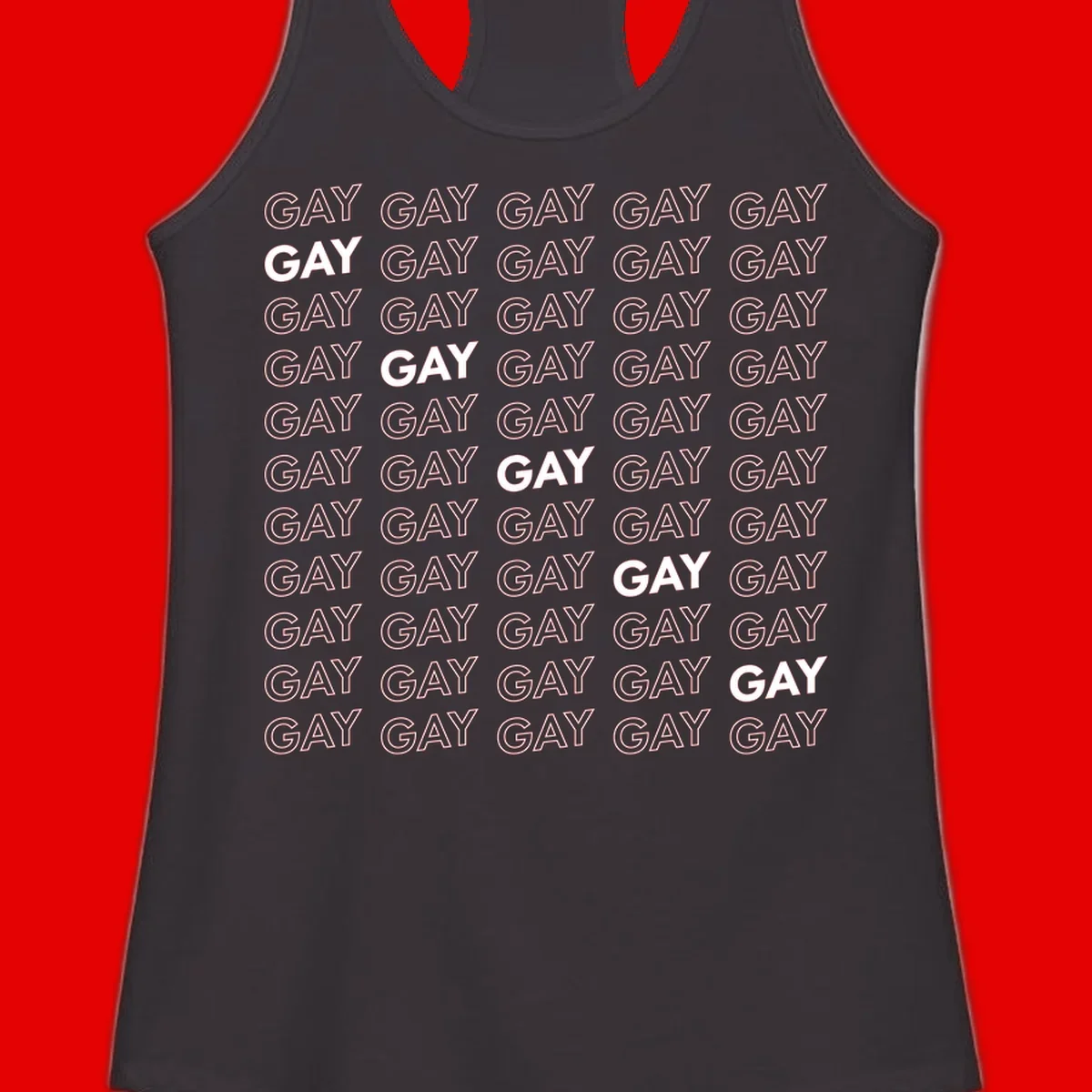 Gay pride pattern repeat design with the word GAY in outlined and solid white letters on a gray background