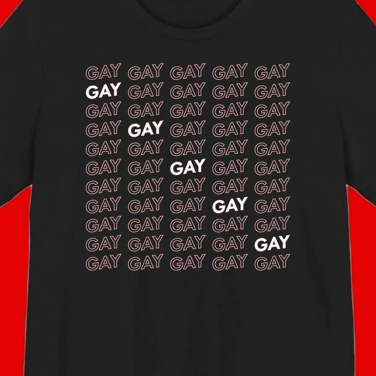 Gay pride pattern repeat design with the word GAY in outlined and solid white letters on a gray background