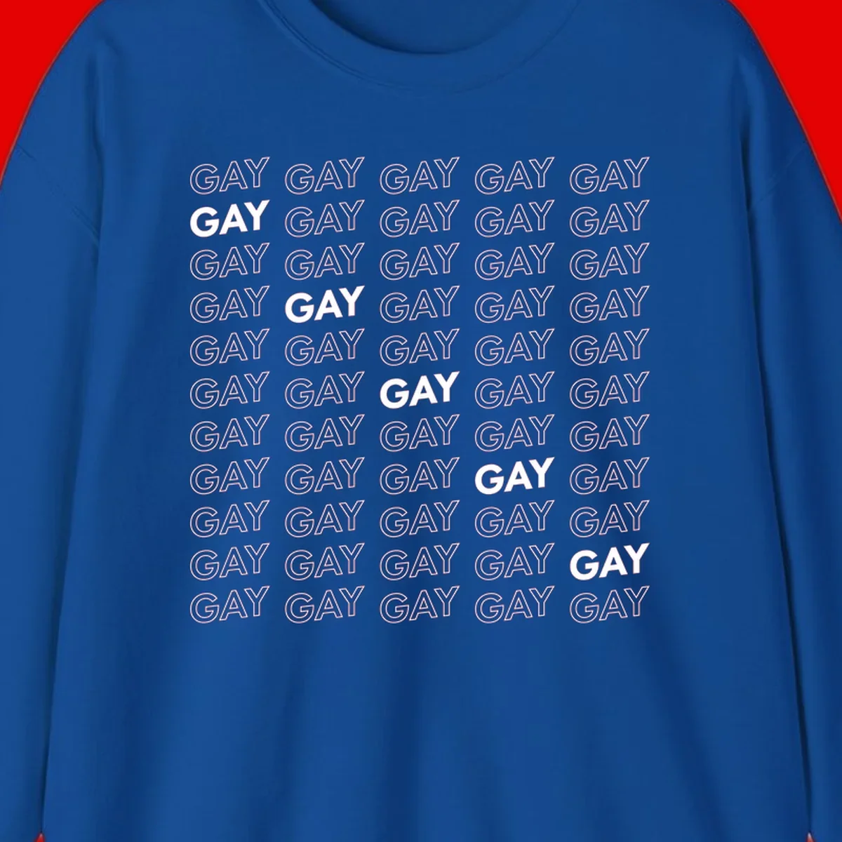 Gay pride pattern repeat design with the word GAY in outlined and solid white letters on a gray background