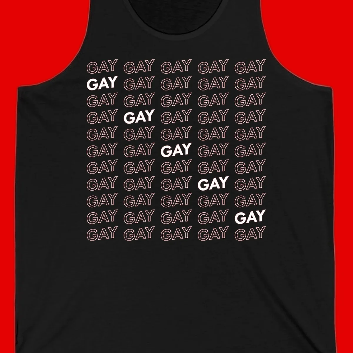 Gay pride pattern repeat design with the word GAY in outlined and solid white letters on a gray background