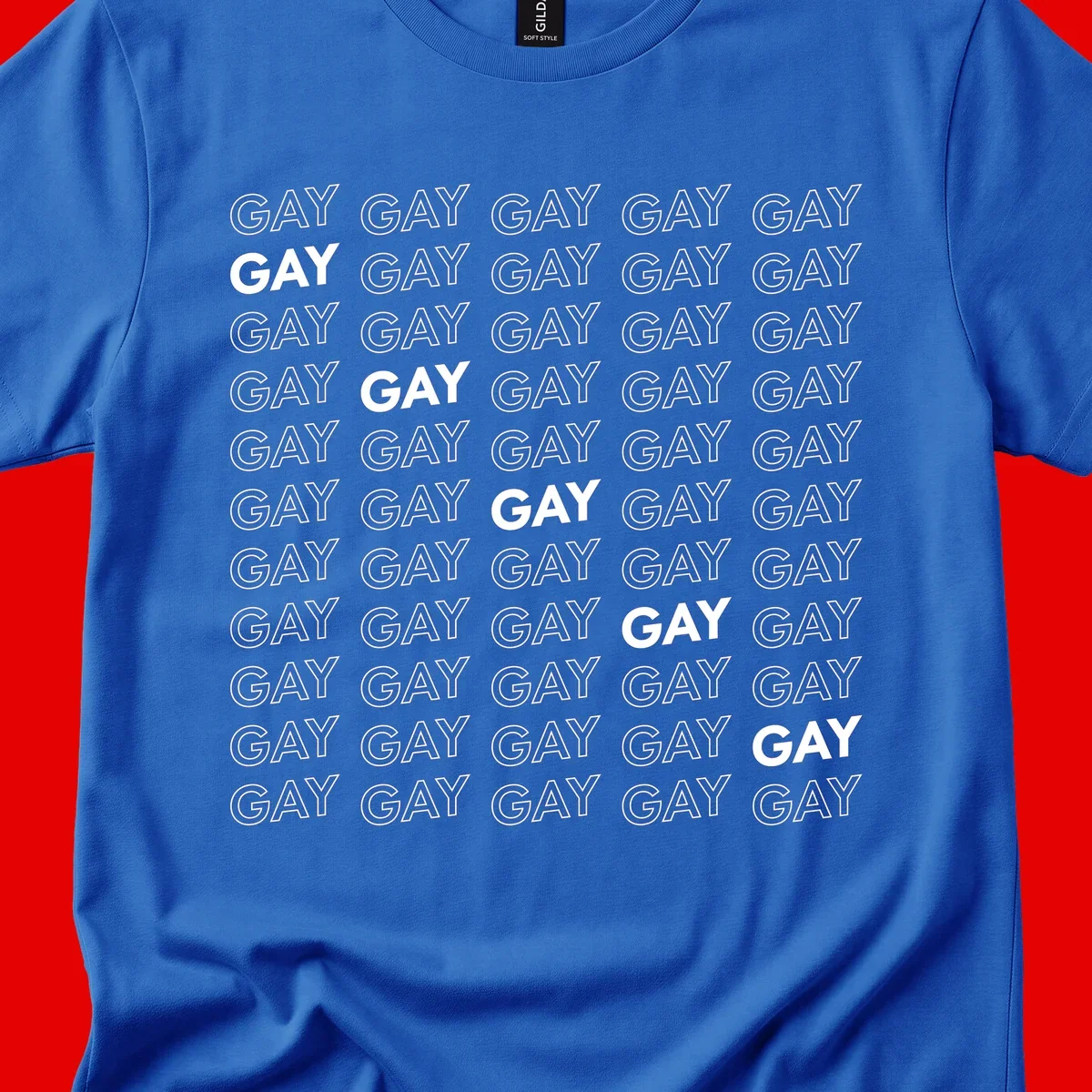 Gay pride pattern repeat design with the word GAY in outlined and solid white letters on a gray background