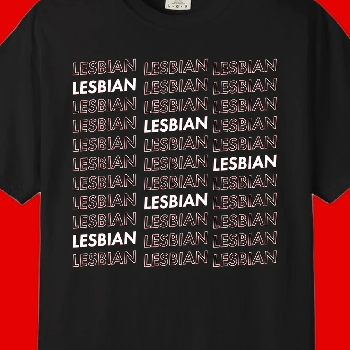 Repeating pattern of the word LESBIAN in bold white and outlined text on gray background for lesbian pride