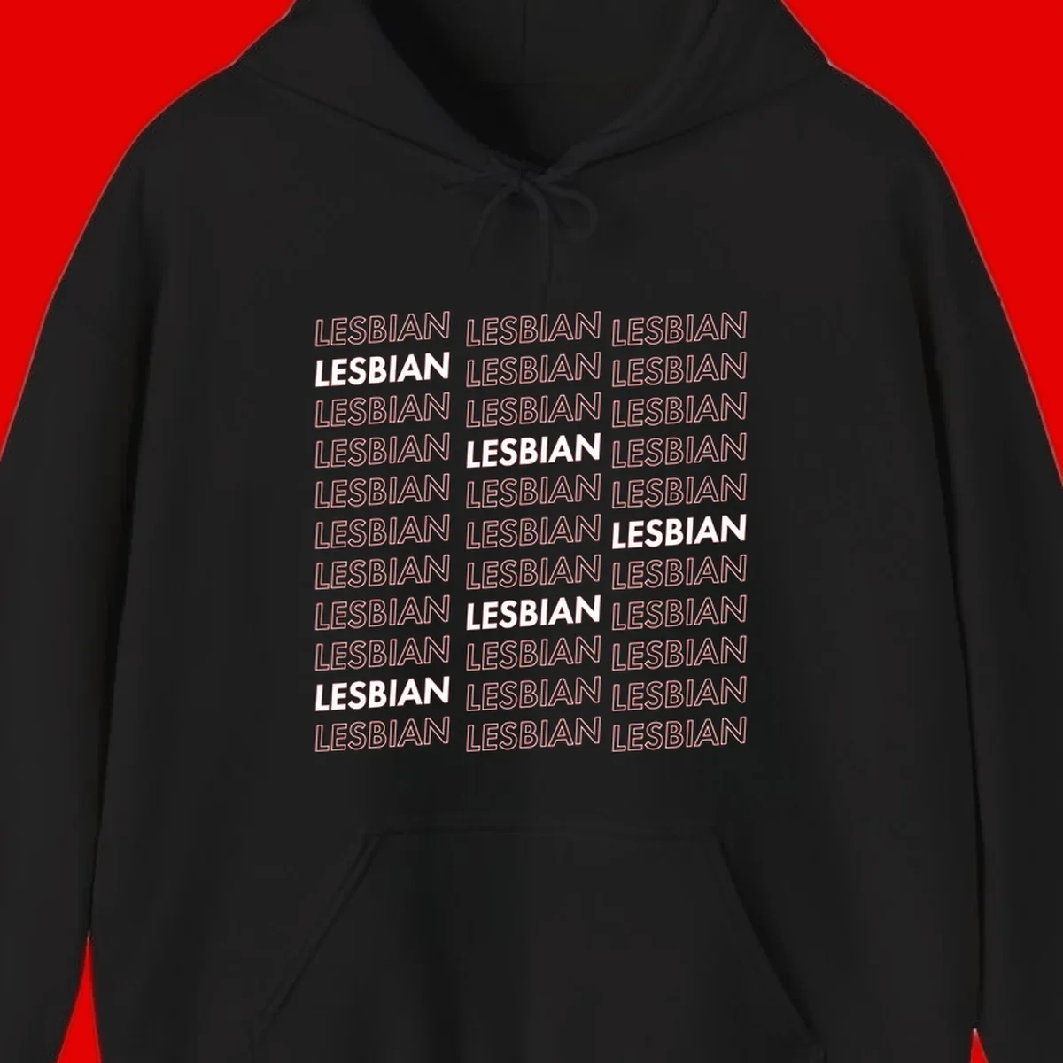Repeating pattern of the word LESBIAN in bold white and outlined text on gray background for lesbian pride