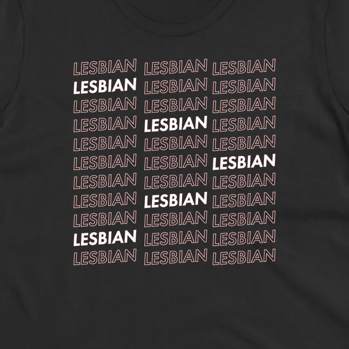 Repeating pattern of the word LESBIAN in bold white and outlined text on gray background for lesbian pride